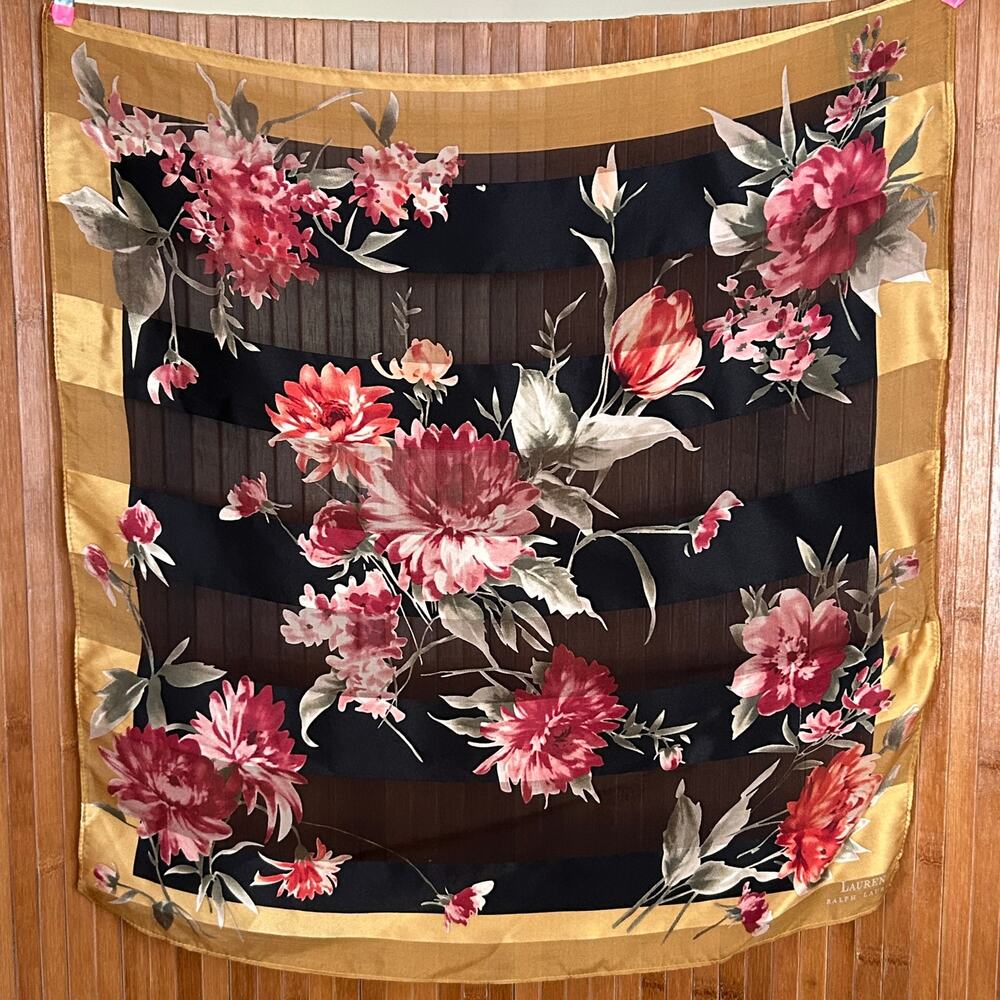 Vintage Ralph Lauren Silk Scarf Floral Print Black Gold Sheer Striped Square